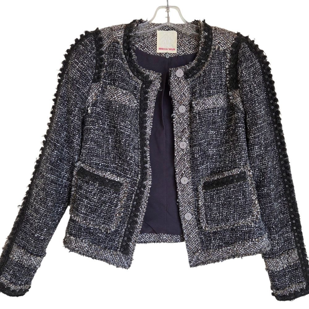 Rebecca Taylor Gray Boucle Tweed Blazer Jacket - Picture 3 of 16